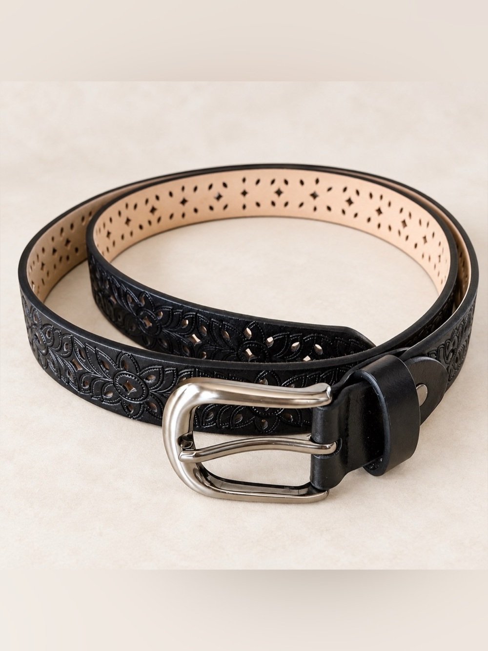 Black Floral Cutout Belt Silver Buckle Approx 42”ish | NWOT